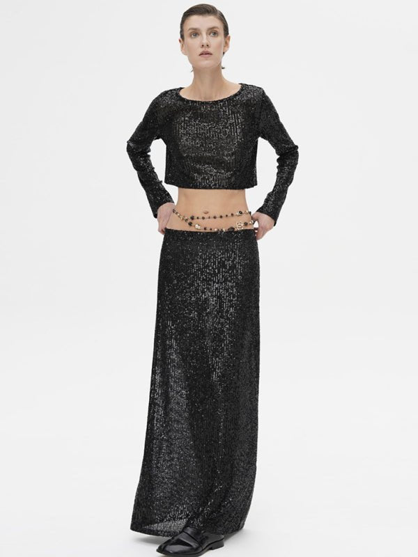 Long sleeve top long skirt sequin suit - ElegantAlpha®