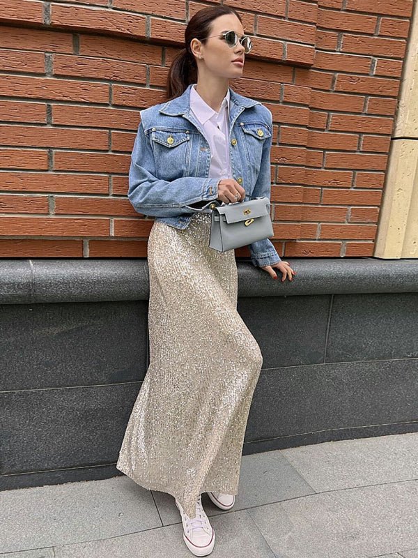 Long sleeve top long skirt sequin suit - ElegantAlpha®