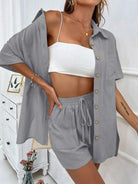 Loose - fit shorts Two - piece solid - color shirt set - ElegantAlpha