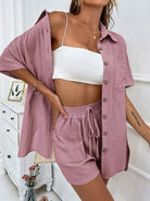 Loose - fit shorts Two - piece solid - color shirt set - ElegantAlpha