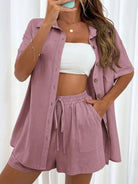 Loose - fit shorts Two - piece solid - color shirt set - ElegantAlpha