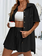 Loose - fit shorts Two - piece solid - color shirt set - ElegantAlpha