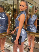 Metallic Drawstring Bodysuit Hip Skirt Set - ElegantAlpha®