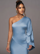 New satin stitching one-shoulder sleeves diagonal collar dress - ElegantAlpha®