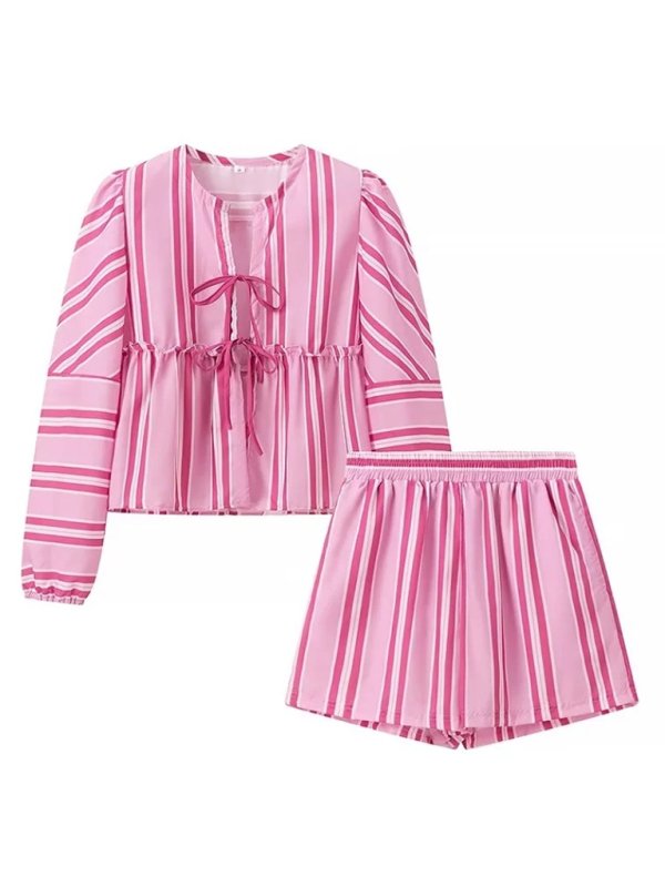 New Striped Lace - up Lantern Sleeve Shorts Set - ElegantAlpha