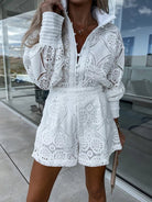 New women's clothing solid color single breasted stand collar lace shorts suit - ElegantAlpha