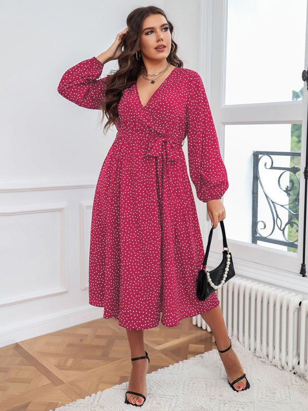 Pendulum polka dot long sleeve commuter red dress - ElegantAlpha