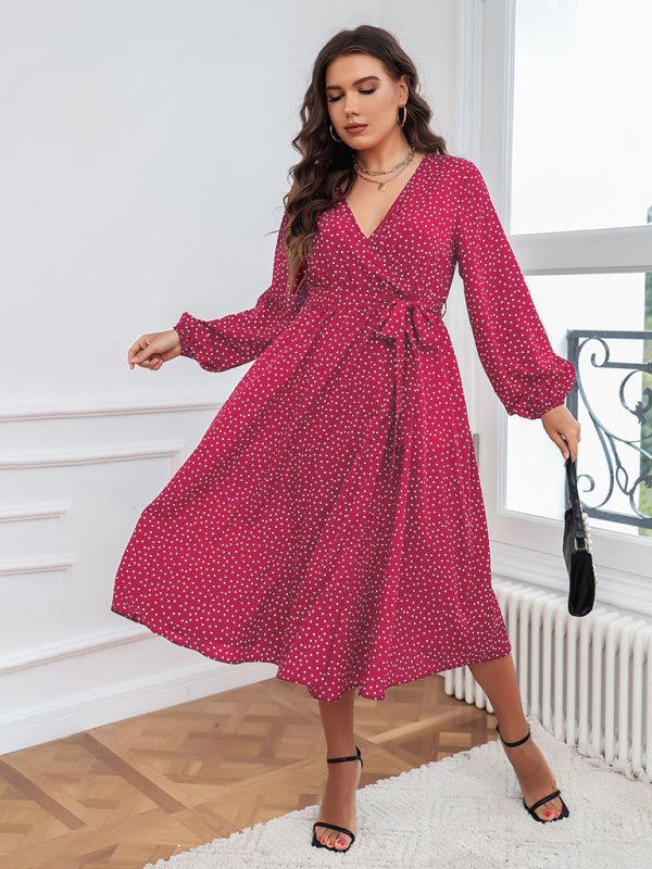 Pendulum polka dot long sleeve commuter red dress - ElegantAlpha