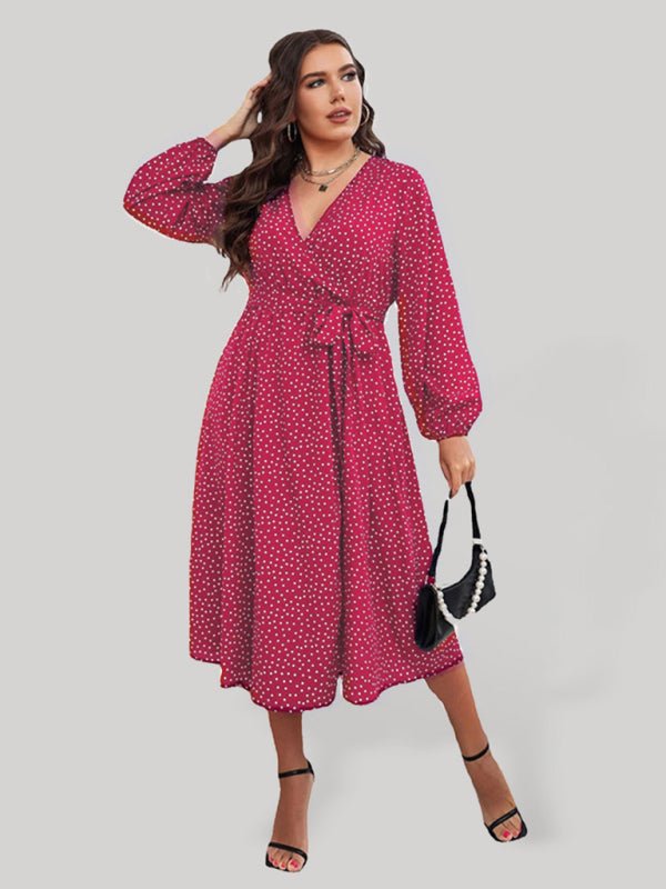 Pendulum polka dot long sleeve commuter red dress - ElegantAlpha