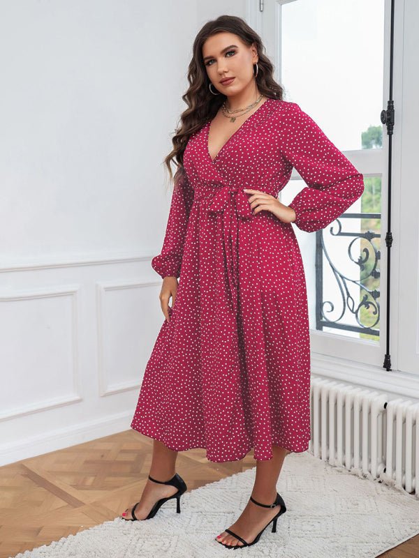 Pendulum polka dot long sleeve commuter red dress - ElegantAlpha