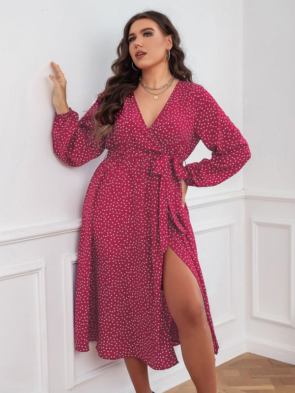 Pendulum polka dot long sleeve commuter red dress - ElegantAlpha