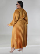 Pleated Round Neck Long Sleeve Dress - ElegantAlpha