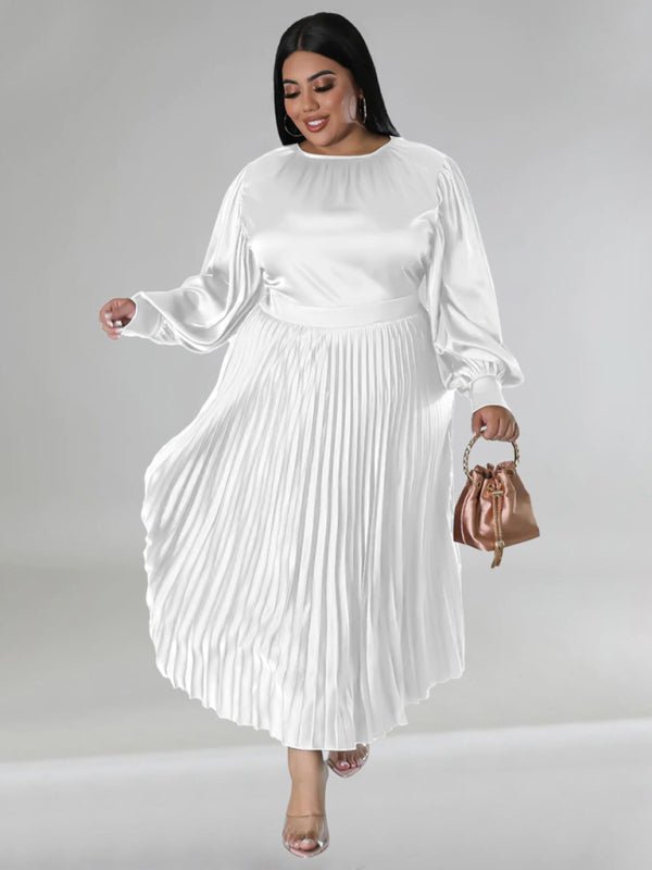 Pleated Round Neck Long Sleeve Dress - ElegantAlpha