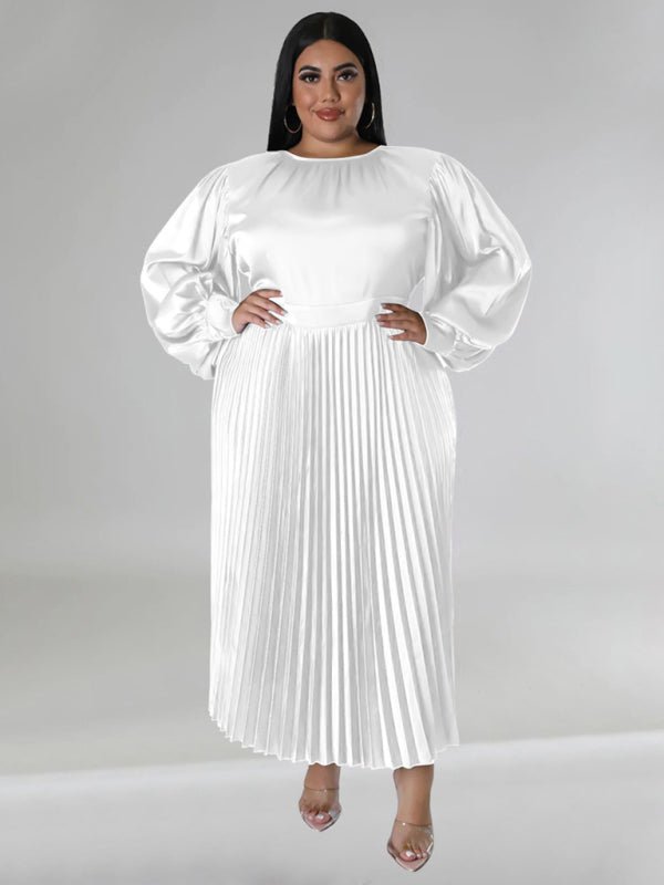 Pleated Round Neck Long Sleeve Dress - ElegantAlpha