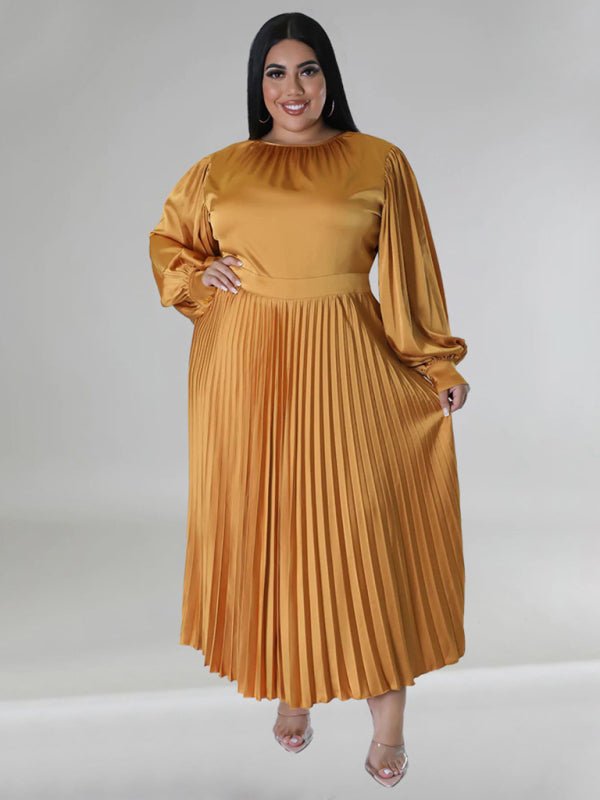 Pleated Round Neck Long Sleeve Dress - ElegantAlpha