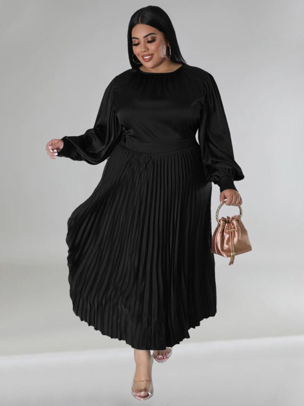 Pleated Round Neck Long Sleeve Dress - ElegantAlpha