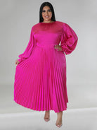 Pleated Round Neck Long Sleeve Dress - ElegantAlpha