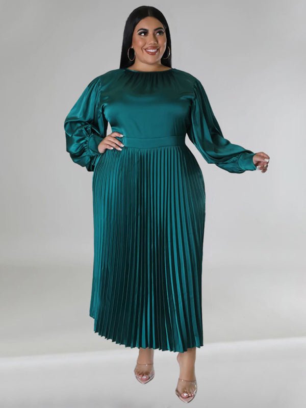 Pleated Round Neck Long Sleeve Dress - ElegantAlpha