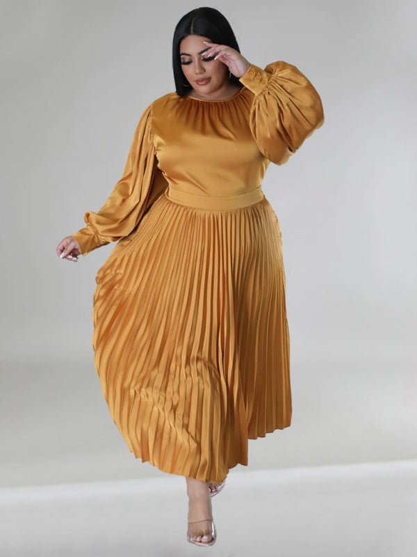 Pleated Round Neck Long Sleeve Dress - ElegantAlpha