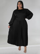 Pleated Round Neck Long Sleeve Dress - ElegantAlpha