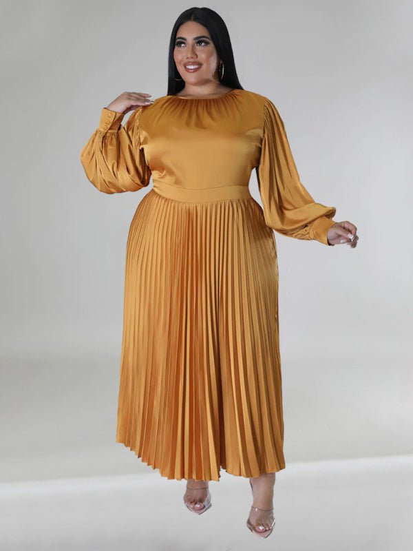 Pleated Round Neck Long Sleeve Dress - ElegantAlpha