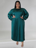 Pleated Round Neck Long Sleeve Dress - ElegantAlpha