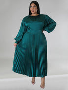 Pleated Round Neck Long Sleeve Dress - ElegantAlpha