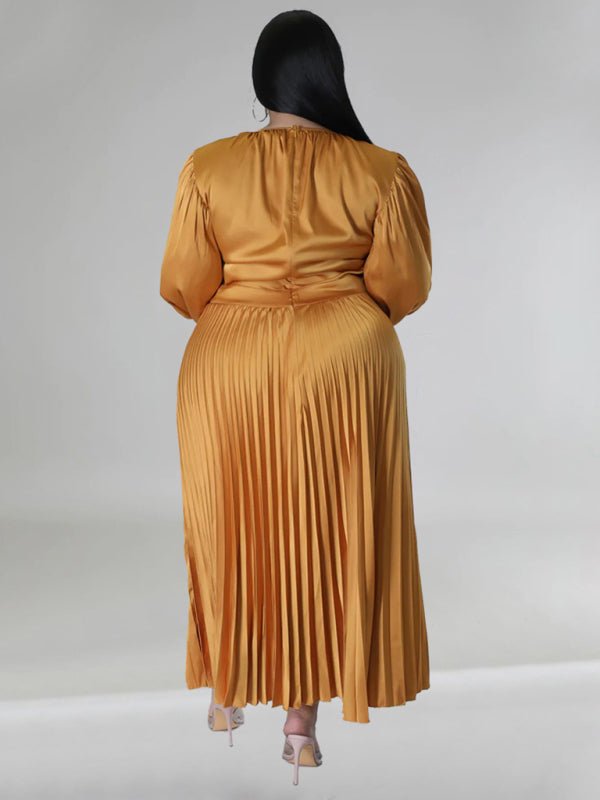 Pleated Round Neck Long Sleeve Dress - ElegantAlpha