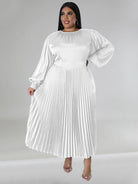 Pleated Round Neck Long Sleeve Dress - ElegantAlpha