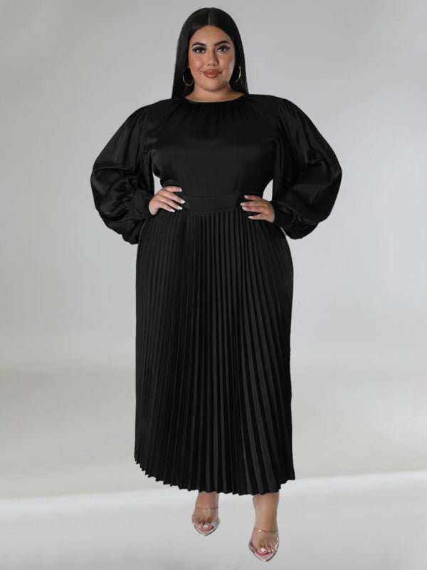 Pleated Round Neck Long Sleeve Dress - ElegantAlpha