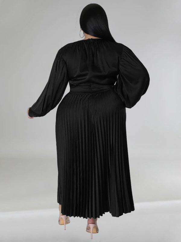 Pleated Round Neck Long Sleeve Dress - ElegantAlpha