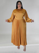 Pleated Round Neck Long Sleeve Dress - ElegantAlpha