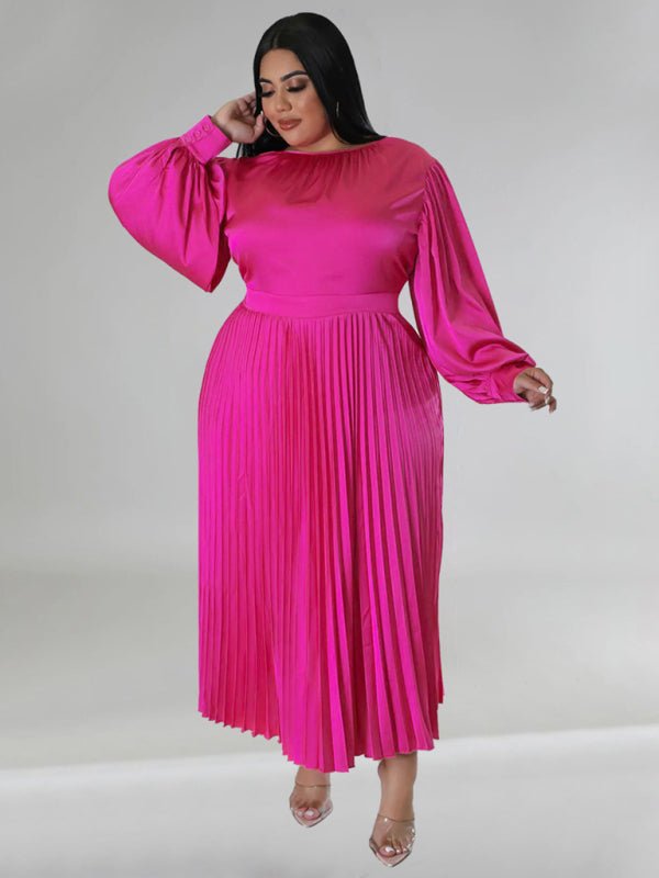 Pleated Round Neck Long Sleeve Dress - ElegantAlpha