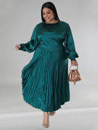 Pleated Round Neck Long Sleeve Dress - ElegantAlpha