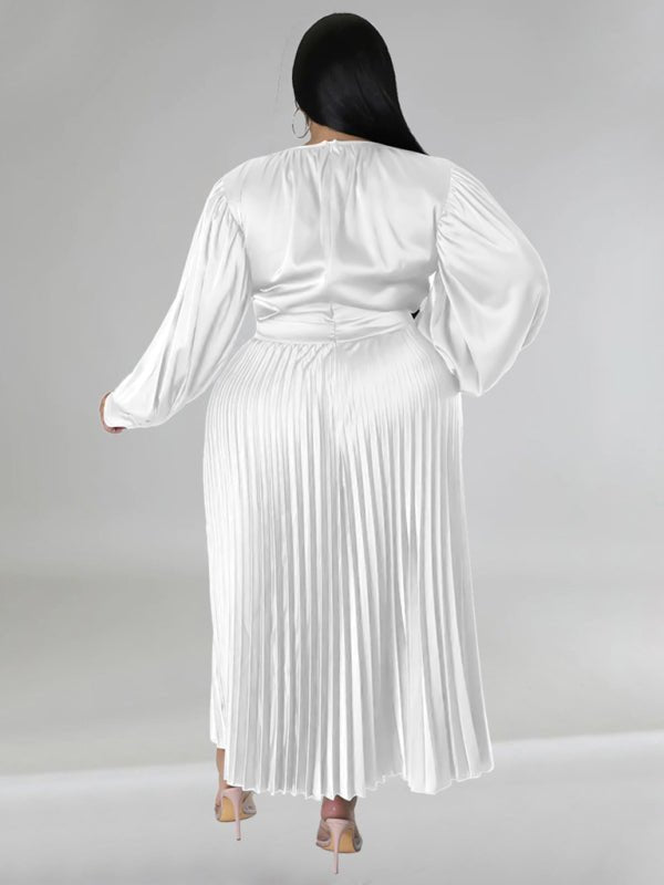 Pleated Round Neck Long Sleeve Dress - ElegantAlpha