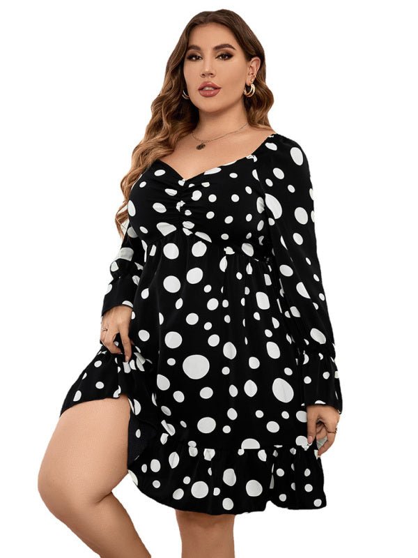 Polka dot casual waist long sleeve dress - ElegantAlpha