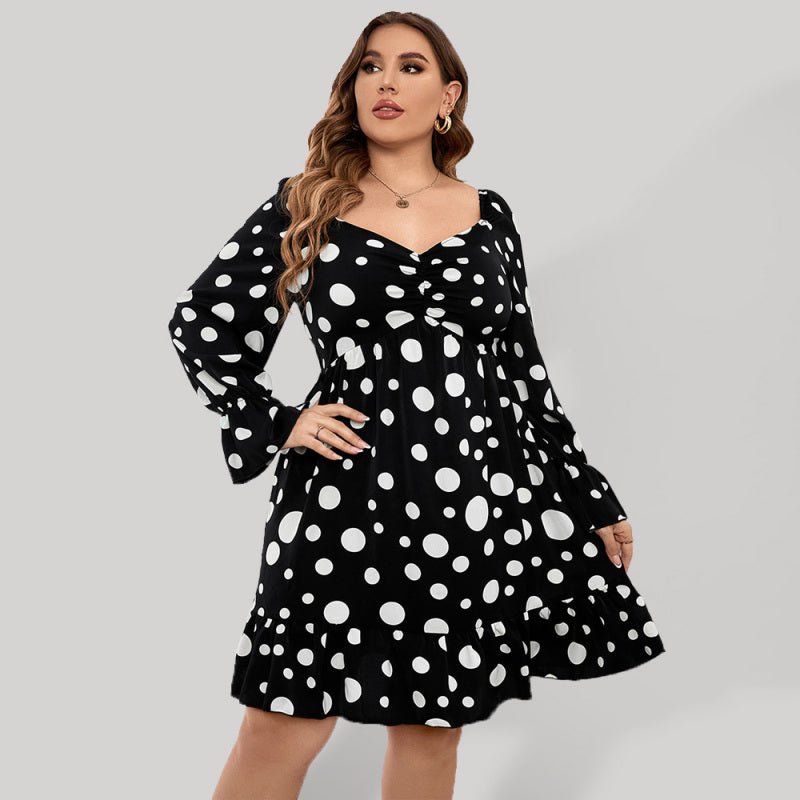 Polka dot casual waist long sleeve dress - ElegantAlpha