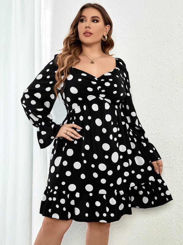 Polka dot casual waist long sleeve dress - ElegantAlpha