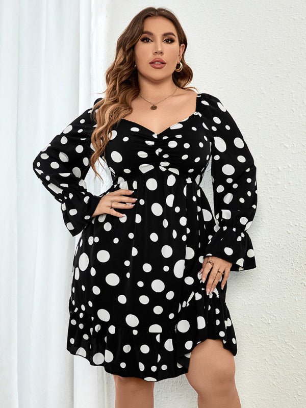 Polka dot casual waist long sleeve dress - ElegantAlpha