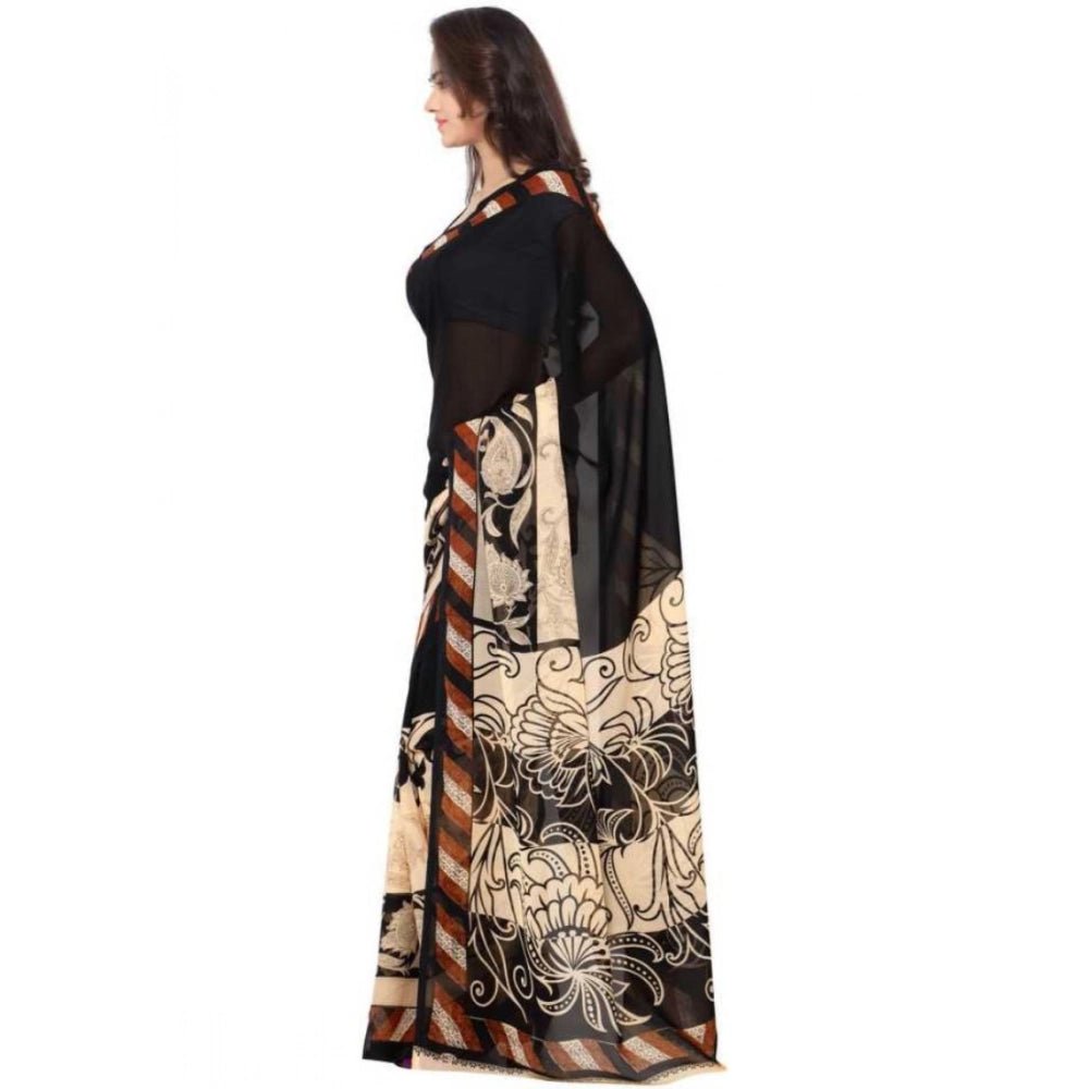 Printed Faux Georgette Black1 Color Saree - ElegantAlpha