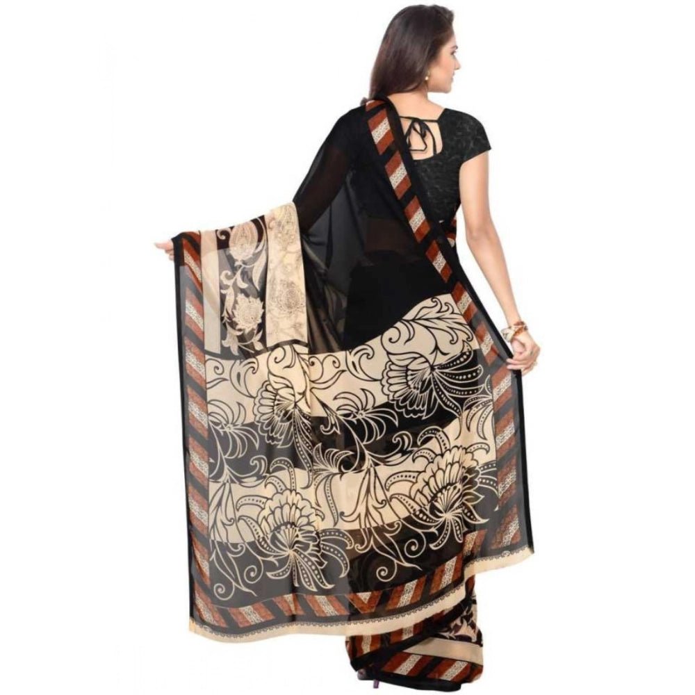 Printed Faux Georgette Black1 Color Saree - ElegantAlpha