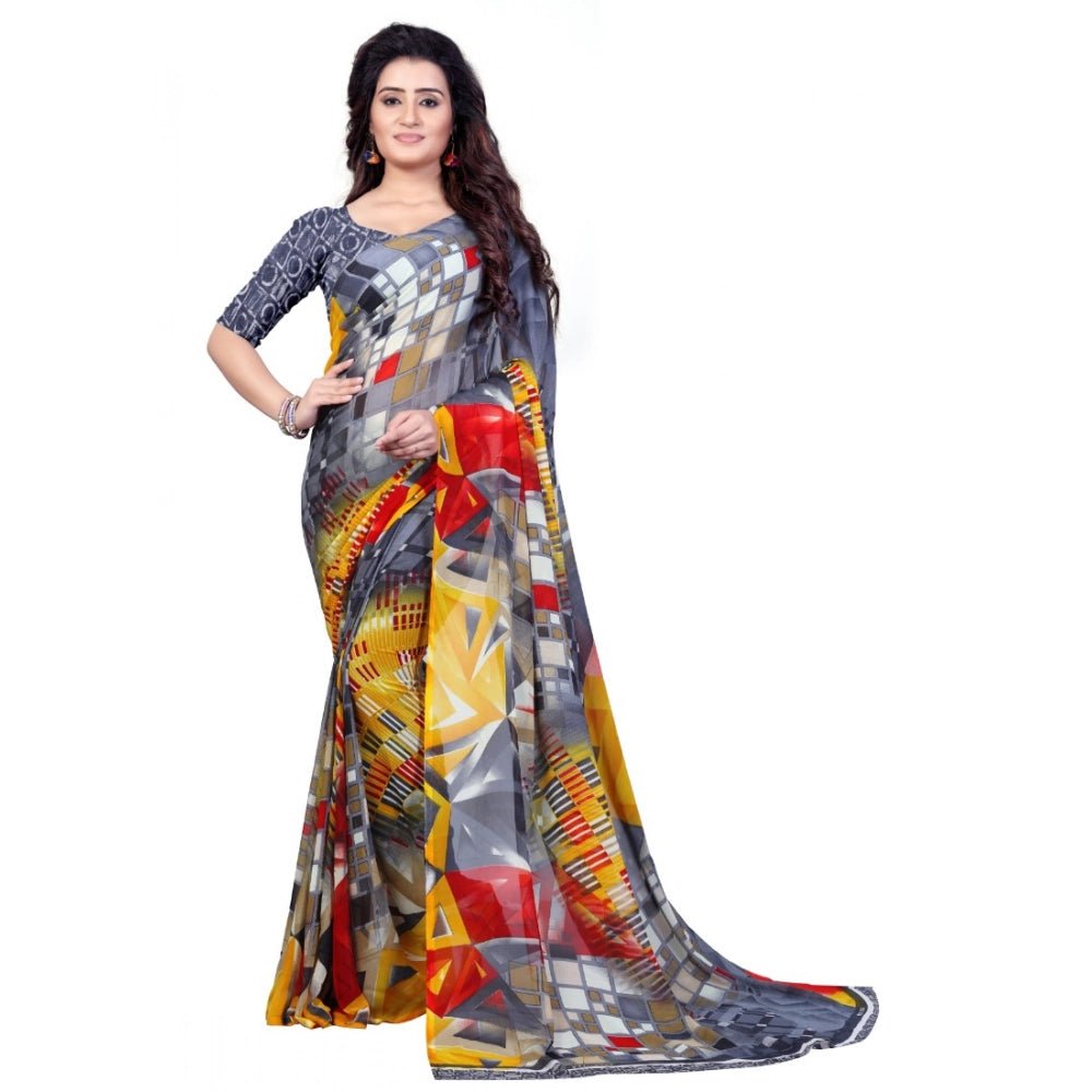 Printed Faux Georgette Grey Color Saree - ElegantAlpha