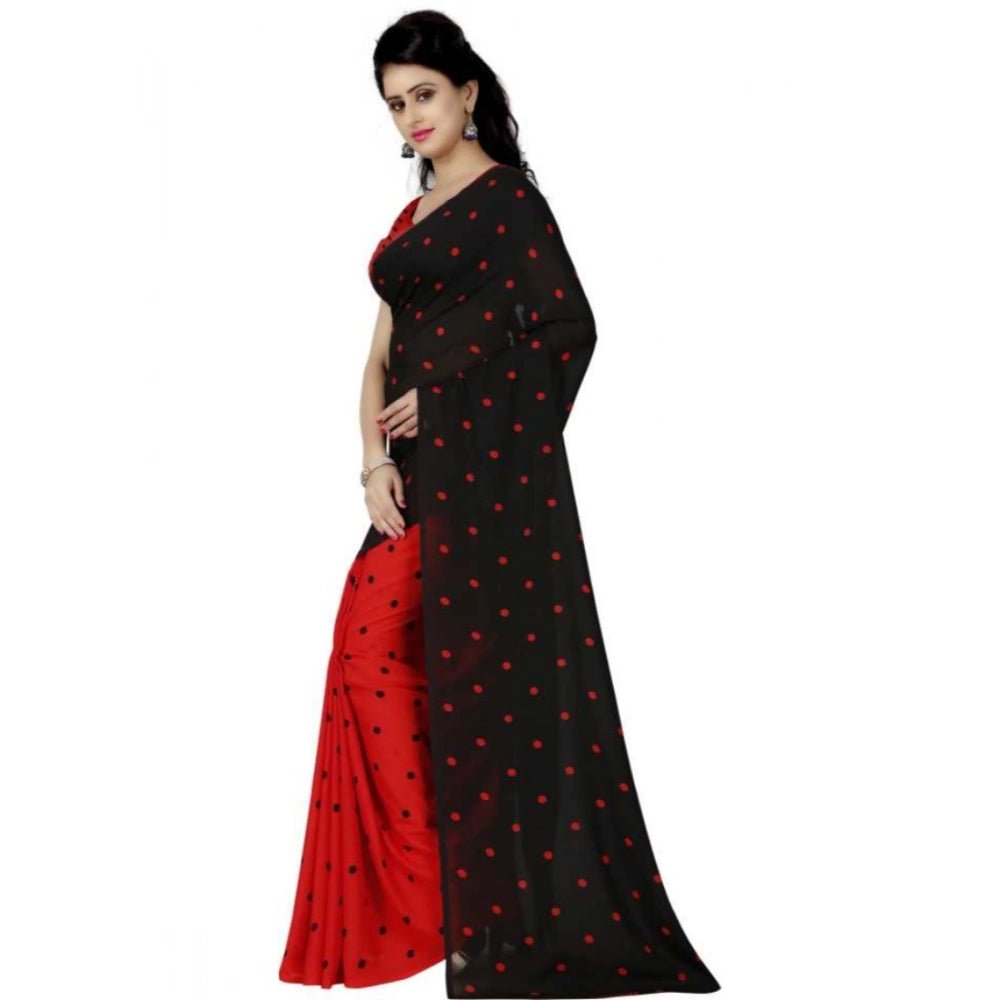 Printed Faux Georgette Red black Color Saree - ElegantAlpha