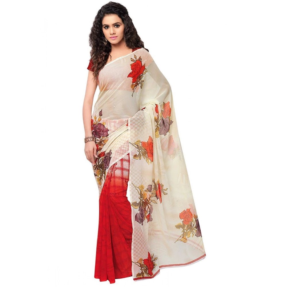 Printed Faux Georgette Red1 Color Saree - ElegantAlpha