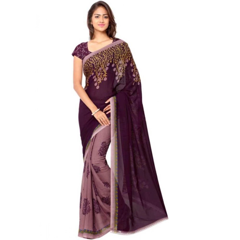 Printed Faux Georgette Wine Color Saree - ElegantAlpha