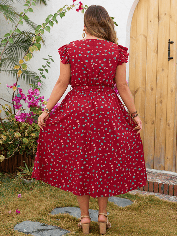 Red printed sleeveless lace short - sleeved dress - ElegantAlpha