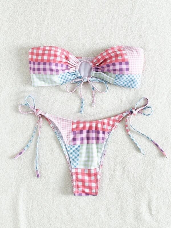 Resort plaid lace - up split bikini - ElegantAlpha