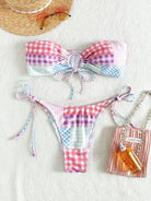 Resort plaid lace - up split bikini - ElegantAlpha