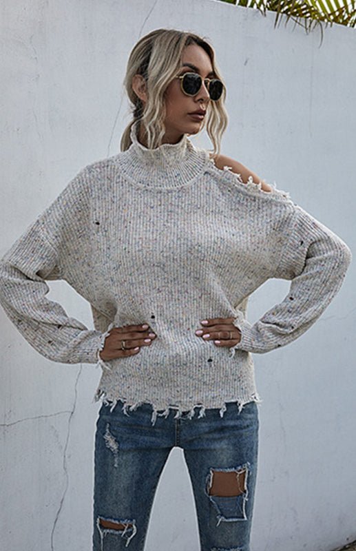 Ripped - High Necked Knit Sweater - ElegantAlpha