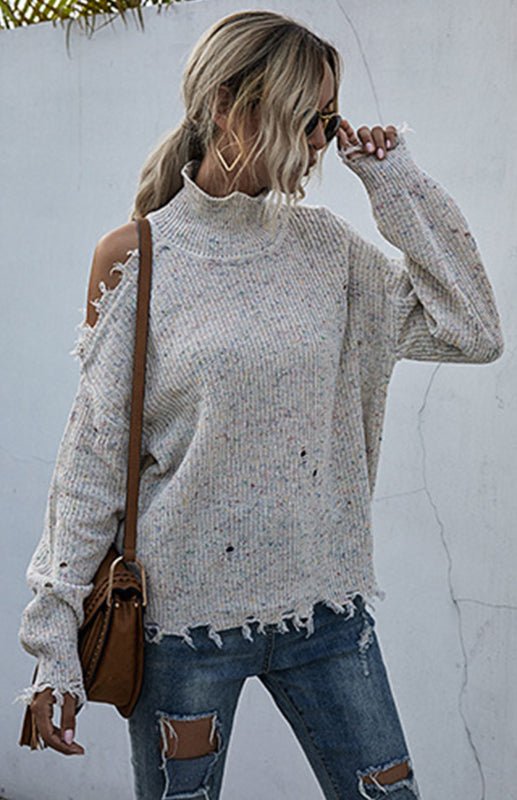 Ripped - High Necked Knit Sweater - ElegantAlpha